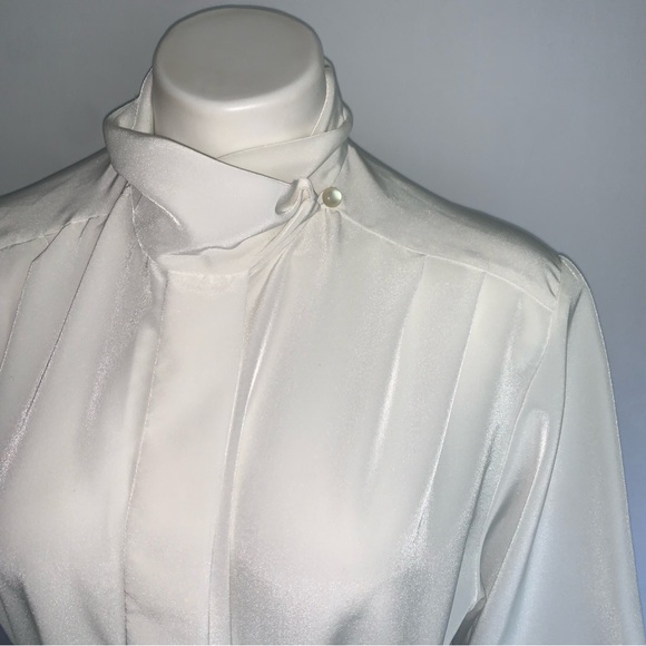 v i n t a g e :: Draped Pleated Satin High Neck Ballon Sleeve Blouse - Picture 4 of 9